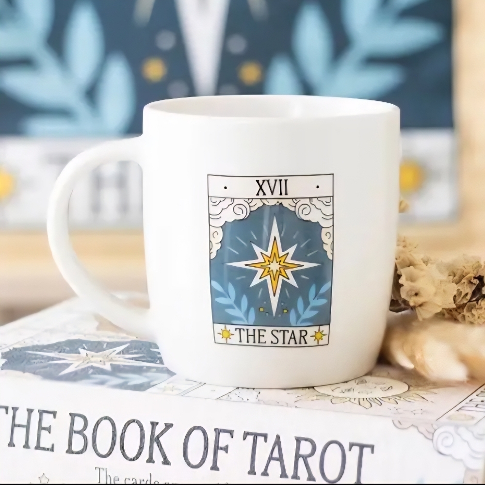 White Tarot Mug with Blue and Yellow Design